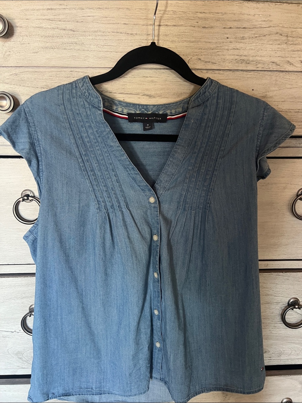 Tommy Hilfiger Light Denim Pintuck Button-Front Blouse